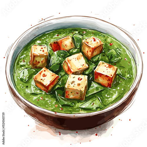 Watercolor Palak Paneer with Creamy Spinach and Golden Paneer Cubes