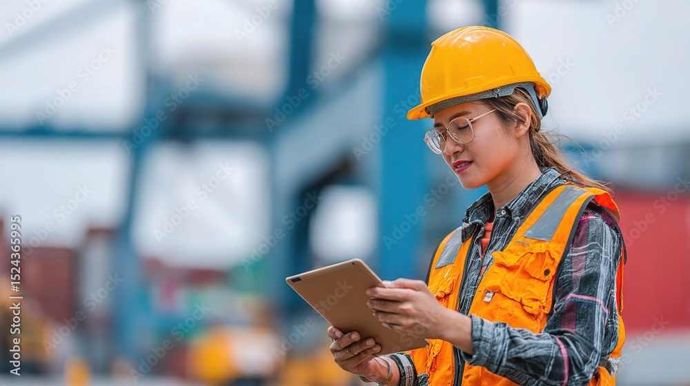 Fototapeta premium Woman Engineer Using Tablet to Coordinate Steel Delivery Operations