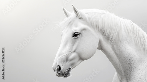 White horse closeup on neutral background with focus on eye, mane and elegant head features.