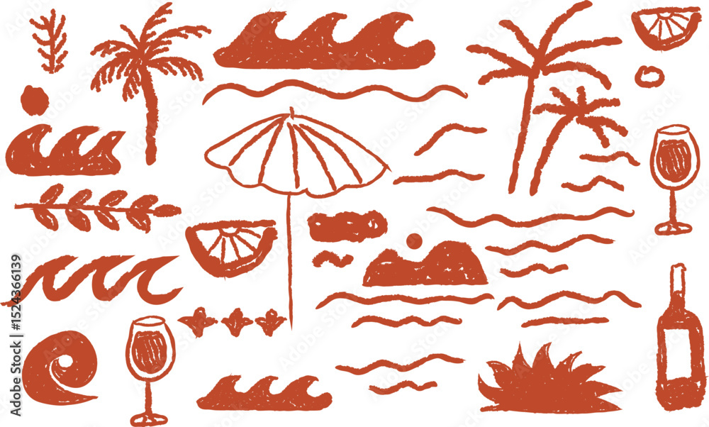 Hand drawn Italian Greek summer vacation elements in chalk, charcoal, scribble doodle sketch style. Includes waves, surf, palm trees. Perfect vector illustration for posters, placards, summer travel.