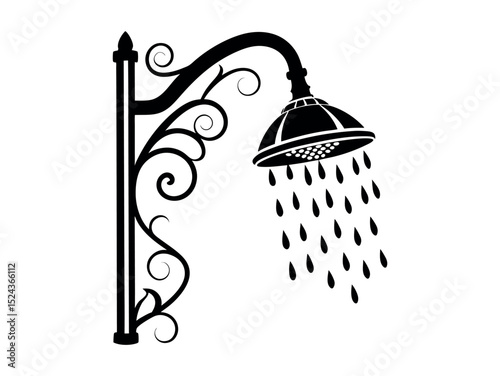 Showerhead with Water Drops and Floral Design, Elegant black and white silhouette of a decorative showerhead with water droplets, water, shower, spray, droplets, plumbing, bathroom, hygiene, home , el