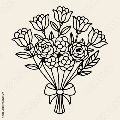 Black and White Line Art Flower Bouquet Illustration