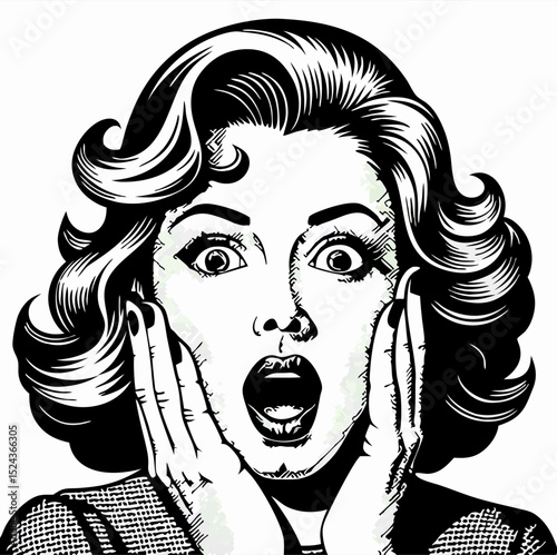 Surprised Woman Pop Art Style Black and White Illustration