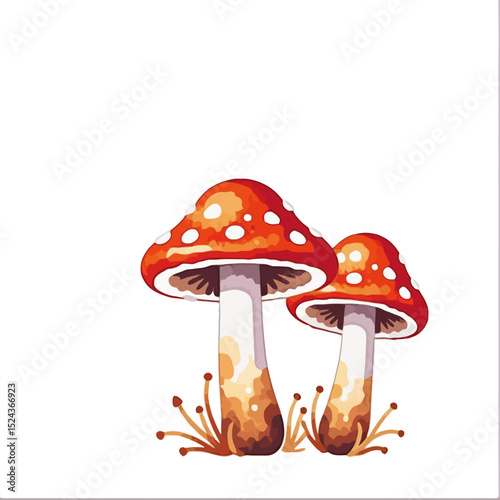 Whimsical Watercolor Mushrooms Illustration- Charming Red Topped Fungi Art- Unique Mushroom Design for Home Decor- Nature Inspired Artwork on White Background