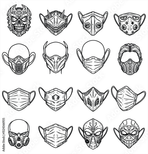 Title: Diverse vector collection of face masks, including futuristic, ninja, and skull designs. Perfect for urban, gaming, and dark graphic design projects.