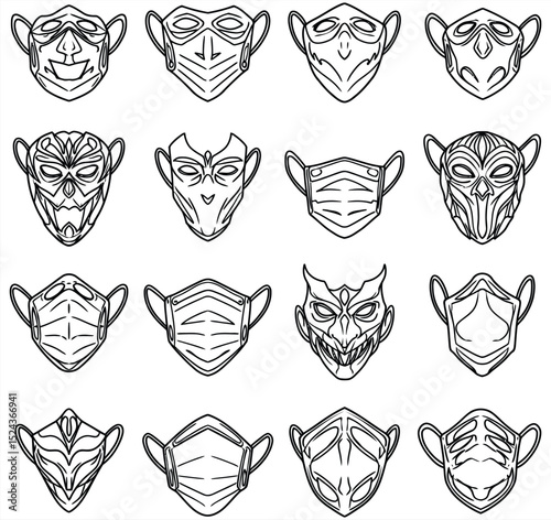 Title: Diverse vector collection of face masks, including futuristic, ninja, and skull designs. Perfect for urban, gaming, and dark graphic design projects.