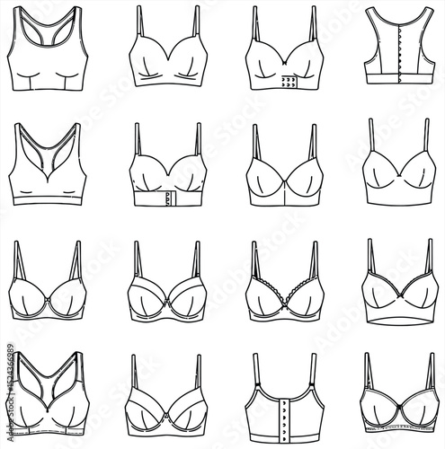 Intricate black and white vector lace lingerie collection: bras, bustiers, and ornate decorative elements. Perfect for fashion, bridal, and vintage design projects.