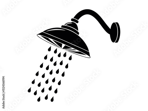 Showerhead with Water Drops and Floral Design, Elegant black and white silhouette of a decorative showerhead with water droplets, water, shower, spray, droplets, plumbing, bathroom, hygiene, home , el