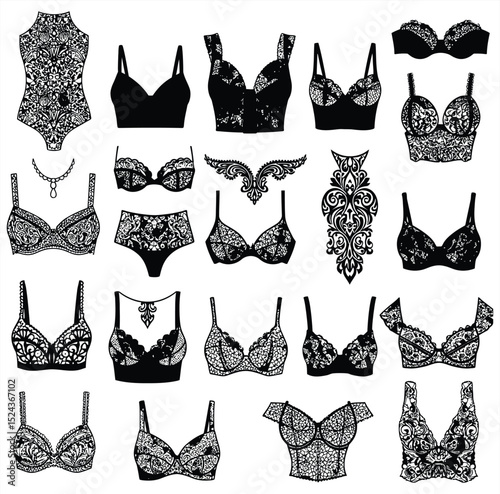 Intricate black and white vector lace lingerie collection: bras, bustiers, and ornate decorative elements. Perfect for fashion, bridal, and vintage design projects.