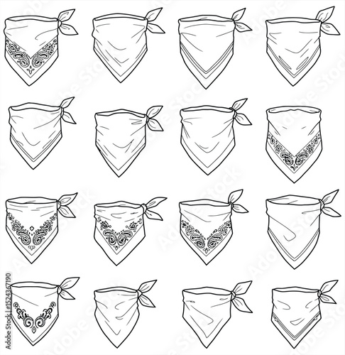 Diverse vector bandana collection with plain and intricately patterned designs. Ideal for fashion, textile, and graphic design projects with a trendy appeal.