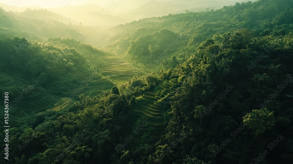 Fototapeta premium Aerial view of lush green terraced rice fields in mountainous landscape