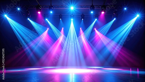Illuminated stage with dynamic blue and magenta spotlights beaming down, creating an energized show atmosphere