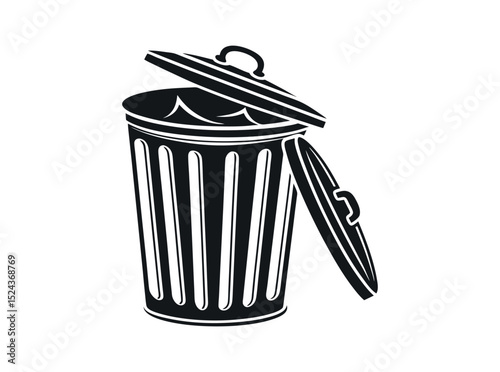 Vector illustration of a filled trash can with open lid, Open trash can silhouette against a plain background, Trash Can with Waste Bag, trash can, garbage can, waste bin, disposal, sanitation, icon.