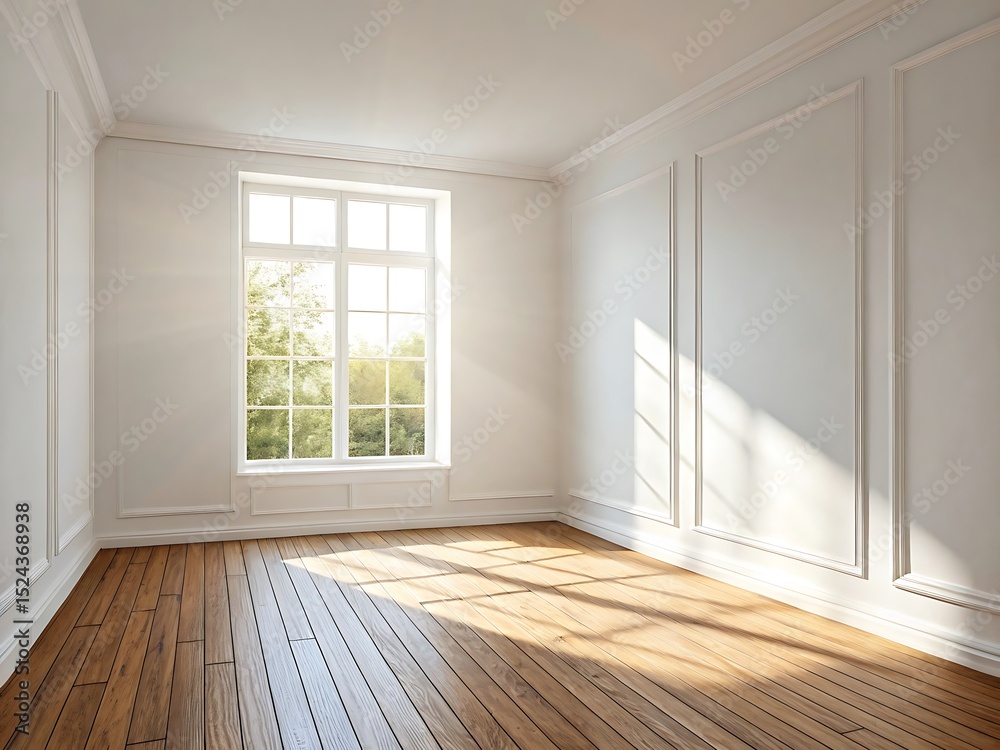 Fototapeta premium Bright room with wooden floor and white walls featuring a window with natural light streaming through it