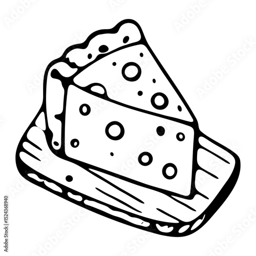 Black and white hand drawn style illustration of cheese slice on wooden board isolated on transparent background, ideal for coloring books or food themed designs. Vector art