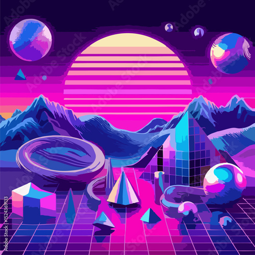 A vibrant retro-futuristic vaporwave illustration featuring surreal 3D geometric objects such as rings, pyramids, cubes, and spheres. Set against a neon grid floor with glowing pink and orange sunset,