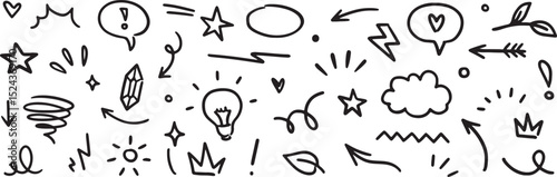 doodle, hand drawn, black and white, design elements, vector, arrows, stars, speech bubbles, hearts, exclamation mark, sparkles, swirl, spiral, 