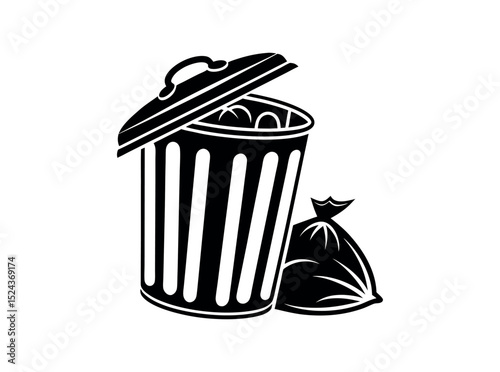 Vector illustration of a filled trash can with open lid, Open trash can silhouette against a plain background, Trash Can with Waste Bag, trash can, garbage can, waste bin, disposal, sanitation, icon.