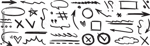 doodles, hand drawn, arrows, speech bubble, heart, check mark, cross mark, square, circle, exclamation mark, star, curly, bracket, hashtag, geometric shapes, sketch, black and white, 