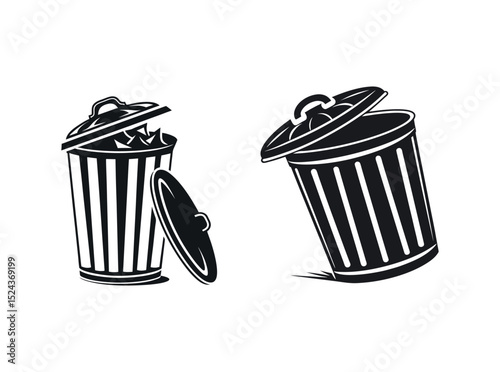 Trash Cans Silhouette Vector Graphic, Black and White Trash Cans Icons Set, silhouettes of trash cans, garbage, garbage can, waste, waste management, recycling, disposal, icon, icons, set, trash can.