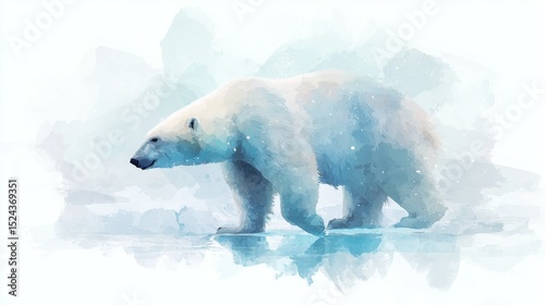 Watercolor Illustration of a Polar Bear Walking on Ice – Arctic Wildlife in Winter Scene