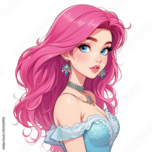 Girl With Long Wavy Styled Pink Hair Bright And Jewelry White Background.eps