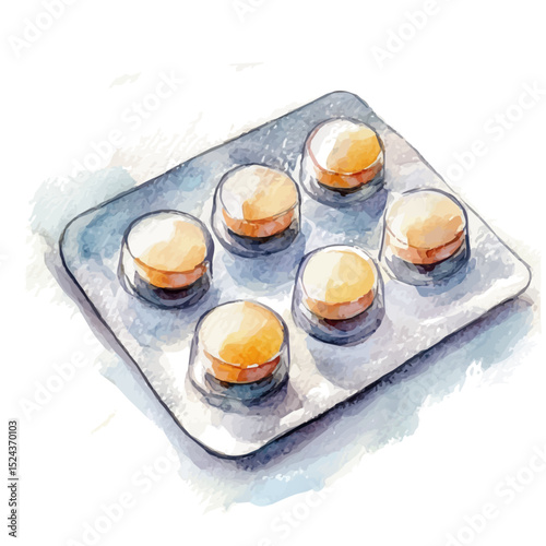 Travel Sickness Tablets, watercolor illustration vector, high quality, isolated on a white background.