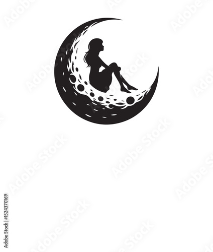 A girl sitting on a clean moon silhouette icon, isolated on a white background