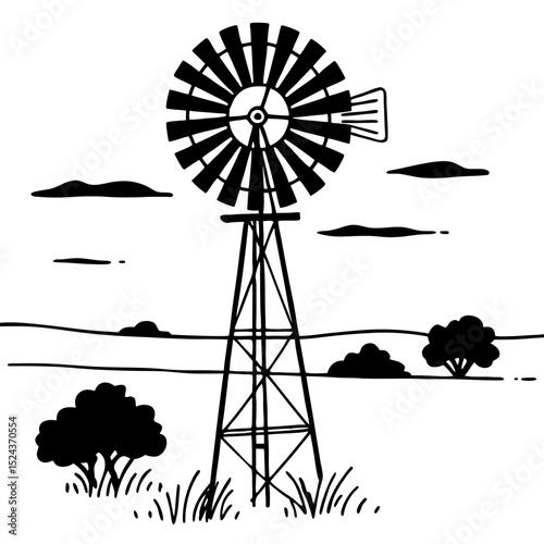 Windmill Line Art Vector Illustration Rural Landscape