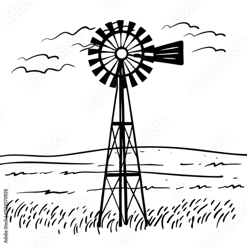 Windmill Line Art Vector Illustration Rural Landscape Design