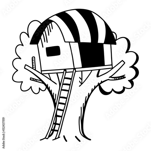Treehouse Vector Illustration Black and White Line Art Design