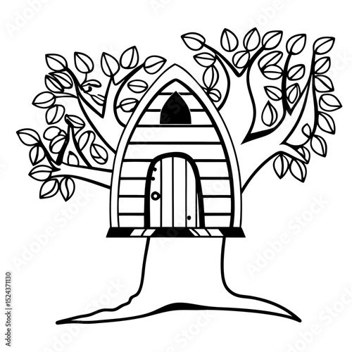 Treehouse in Tree Line Art Vector Illustration Graphic Design