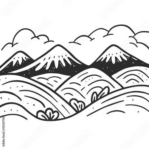 Mountain Landscape Vector Hand Drawn Monochrome Illustration