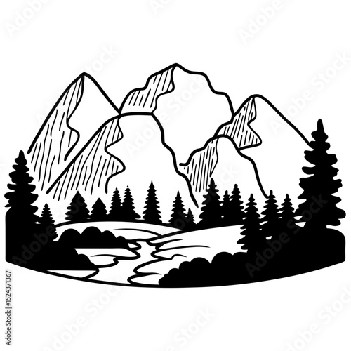 Mountain Landscape Vector Illustration Trees River Nature Graphic