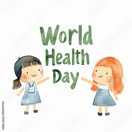 Watercolor Illustration of Two Cheerful Children Celebrating World Health Day