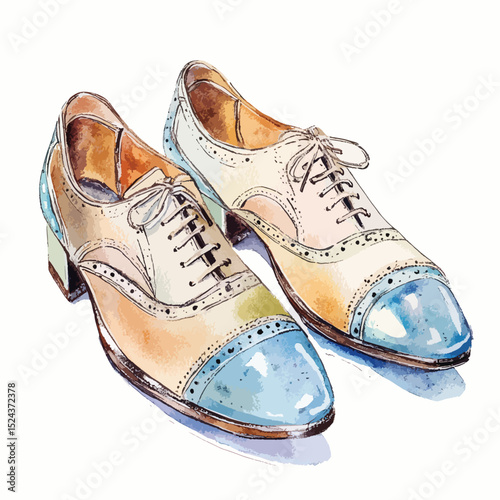 Watercolor Illustration of TwoTone Wingtip Oxford Shoes with Blue Toes