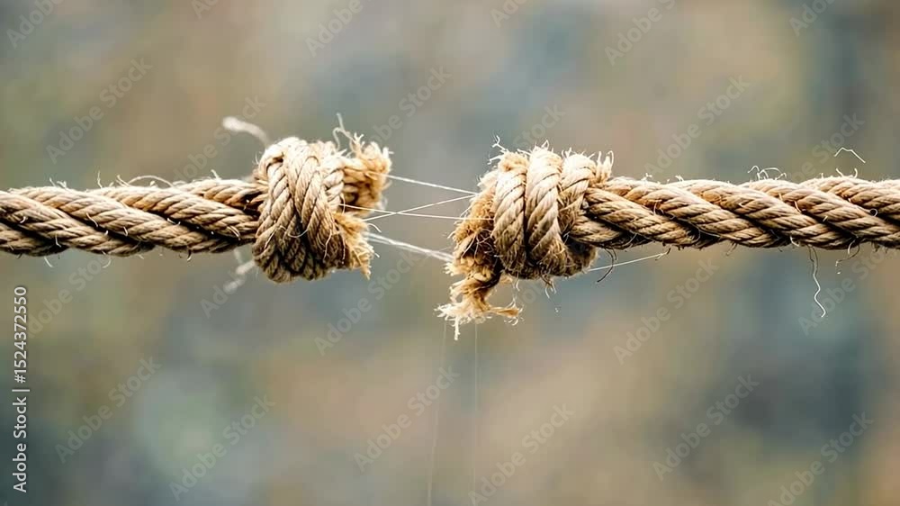This footage showcases a close-up of a frayed rope bound in knots. It represents resilience and the challenges faced. Ideal for symbolism in video projects. Generative AI