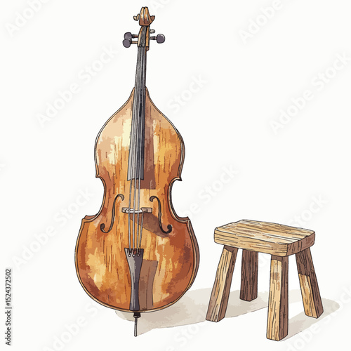 Watercolor Illustration of Upright Bass and Wooden Stool Side View