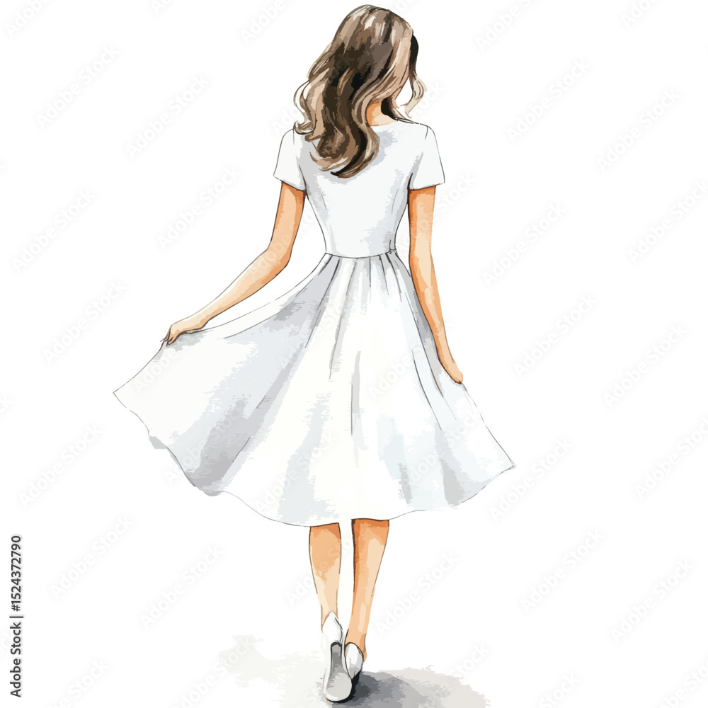 Watercolor Illustration of Woman in White Dress Walking Away Holding Skirt Watercolor Illustration of Woman in White Dress Walking Away Holding Skirt