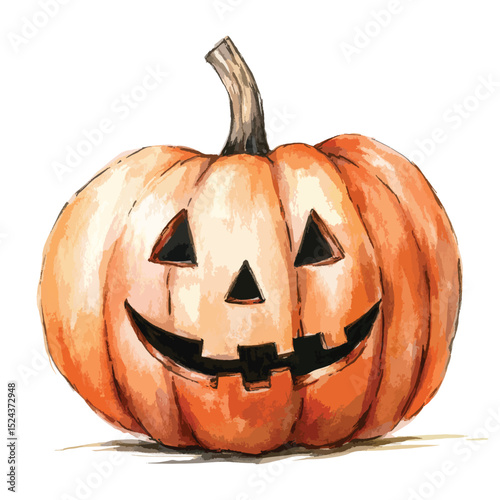 Watercolor Jack O Lantern Pumpkin with Cheerful Carved Face