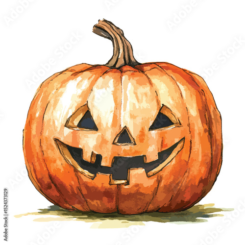 Watercolor Jack OLantern with Carved Face and Twisted Stem