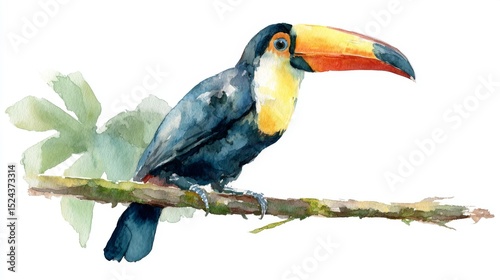 Minimal Watercolor Toucan Bird on Branch – Hand-Painted Tropical Wildlife Illustration on White
