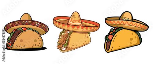 Cute Cartoon Tacos with Sombreros Vector Illustration Set for Mexican Food and Cinco de Mayo Designs