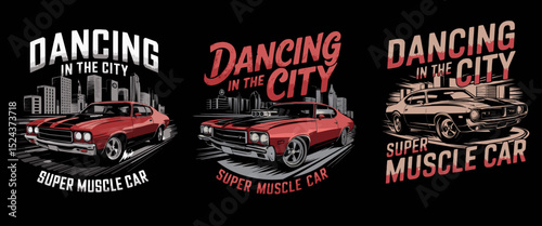 Dancing In The City Super Muscle Car Vector Illustration Set with Retro Urban Theme