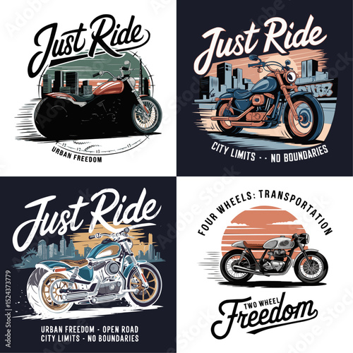 Just Ride Urban Freedom Open Road Motorcycle Vector Illustration Set with City and Sunset Scenes