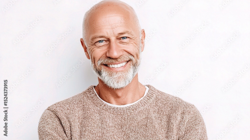 Obraz premium Smiling Mature Man in Sweater Against a White Background
