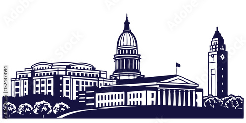 Lincoln vector skyline silhouette featuring the Nebraska State Capitol, Pinnacle Bank Arena, and city center buildings.
