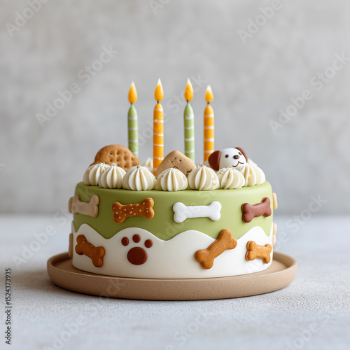 Cute dog birthday cake decorated with bones, cookies, and dog-themed icing with four lit candles.