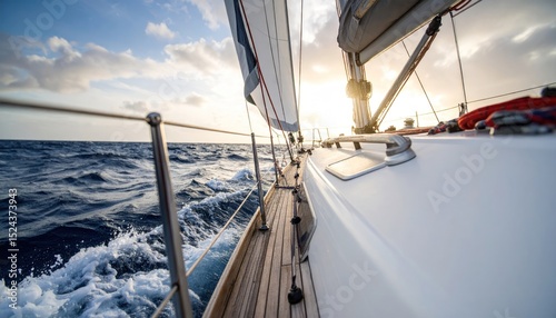 Sailing adventure on open ocean, riding waves under sunlight, exhilarating journey