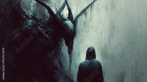 Dark surreal creature looms over hooded figure in eerie corridor with moody, textured atmosphere.